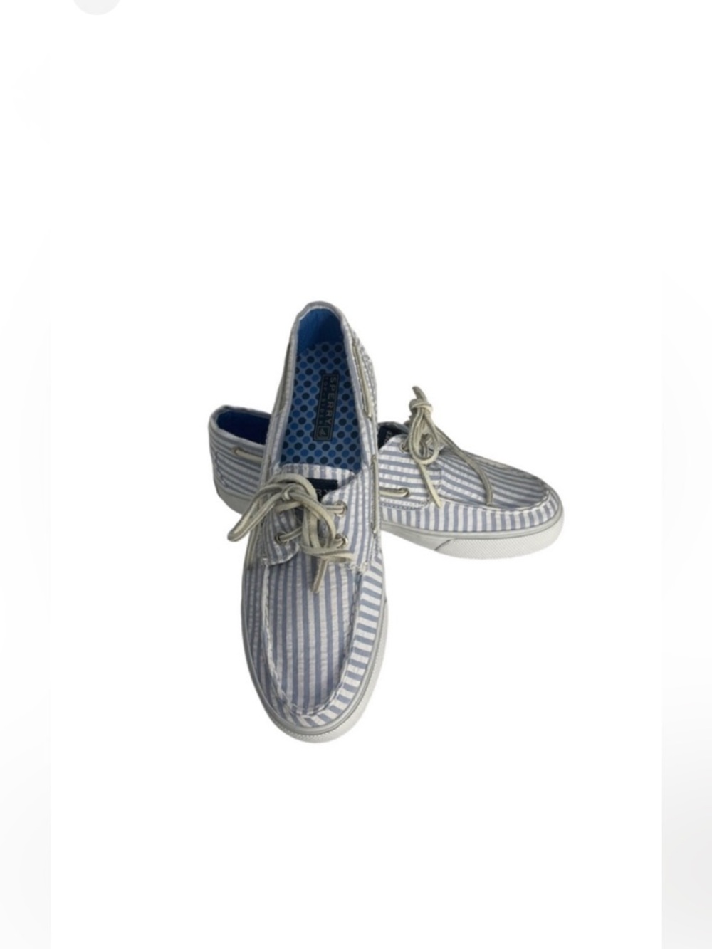 Sperry Top-Sider cloth pinstripe blue & white slip on preppy boat shoes size 8